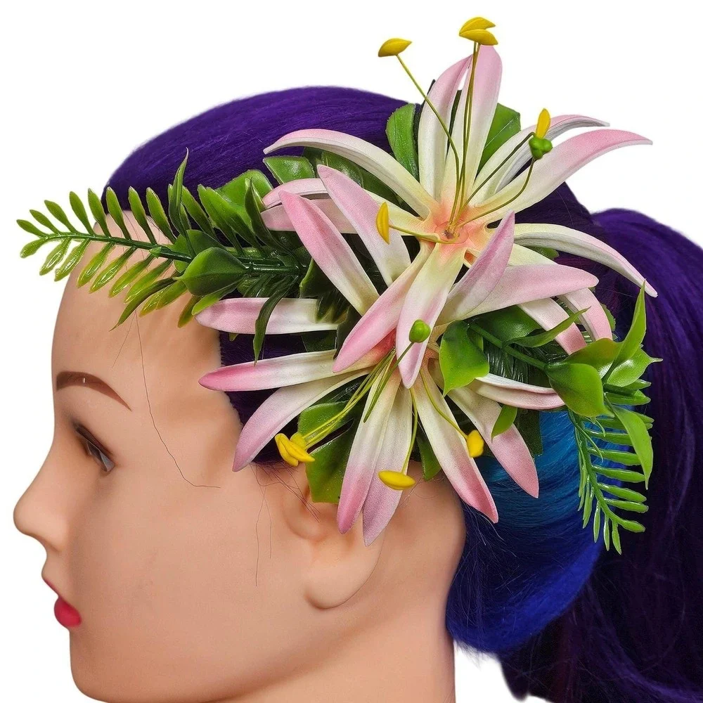 Handmade‎ Pink White Lily Hair Flower Clip Tiki Rockabilly Pinup Hawaiian